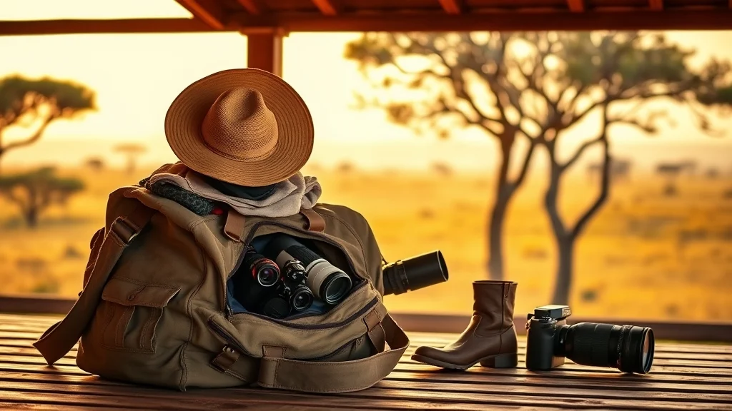 Safari gear, including a backpack, binoculars, and camera, on a wooden deck overlooking a scenic African landscape at sunset.