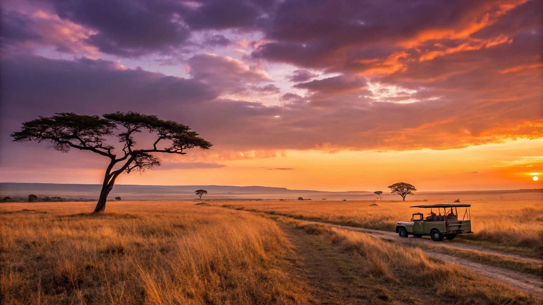Dramatic African sunset landscape with silhouetted safari vehicle, acacia tree, and grassland.