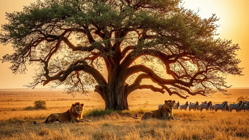 Large, twisted tree with majestic lions resting beneath in an African savanna landscape.