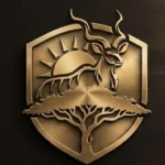 Golden emblem featuring an antelope or gazelle silhouette against a sun and tree backdrop.